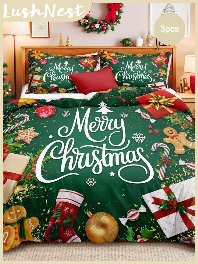 Christmas Bedding Set Red Background Snowflakes Christmas Duvet Cover Set Christmas Gingerbread Man Printed 3 Pieces Christmas
