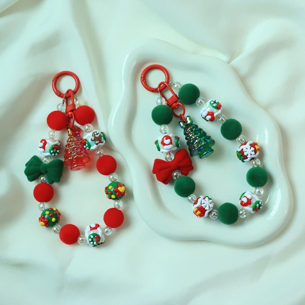 Santa Claus Plush Beads Keychain Flocked Bowknot Beaded Cell Phone Lanyard  Unisex