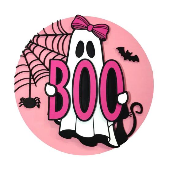 Halloween Wooden Pendant Sign Wooden Pink Ghost BOO Door Decor Fall Farmhouse Outdoor Porch