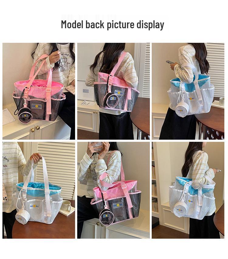 Dopamine Color Block Mesh Beach Bag – Large Capacity Travel and Swim Tote