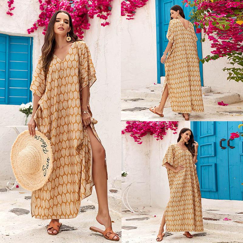 Пляжная накидка с V-образным вырезом с принтом: Свободный халат в европейском и американском стиле для отдыха на море