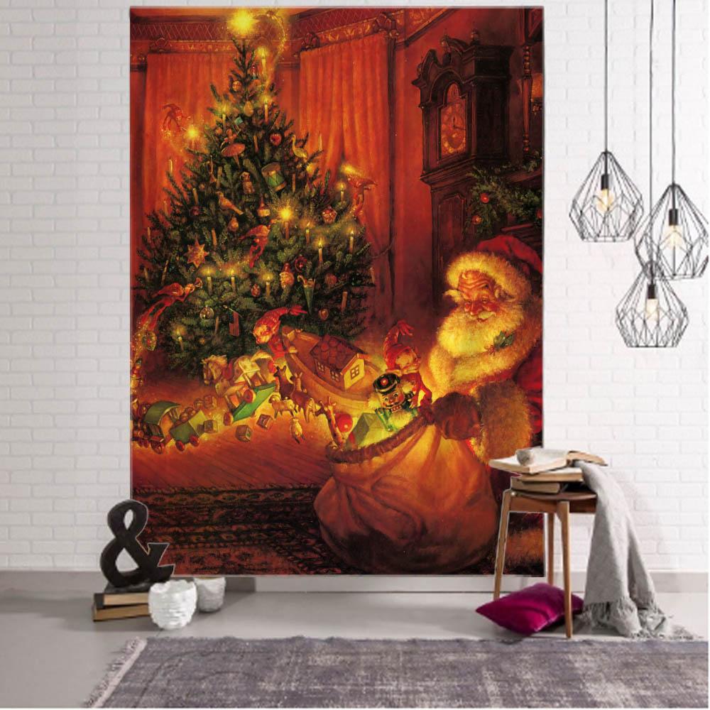 Christmas Decorative Tapestry Red Santa Claus Christmas Tree Fireplace Art Wall Hanging Home Holiday Wall Blanket Tapestries