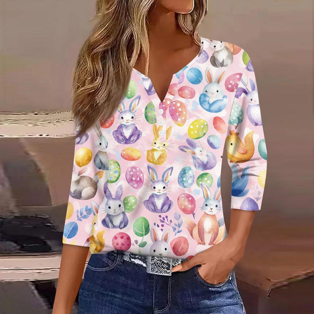 Жен. Футболка С принтом Пуговицы Рукав 3/4 Повседневные Выходные Мода Классический Классический V-образный вырез Обычный Верх