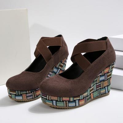 Туфли на танкетке Весна Новые Круглый носок С мелким вырезом Замшевые Водонепроницаемая Платформа Противоскользящие Износостойкие Высокие каблуки