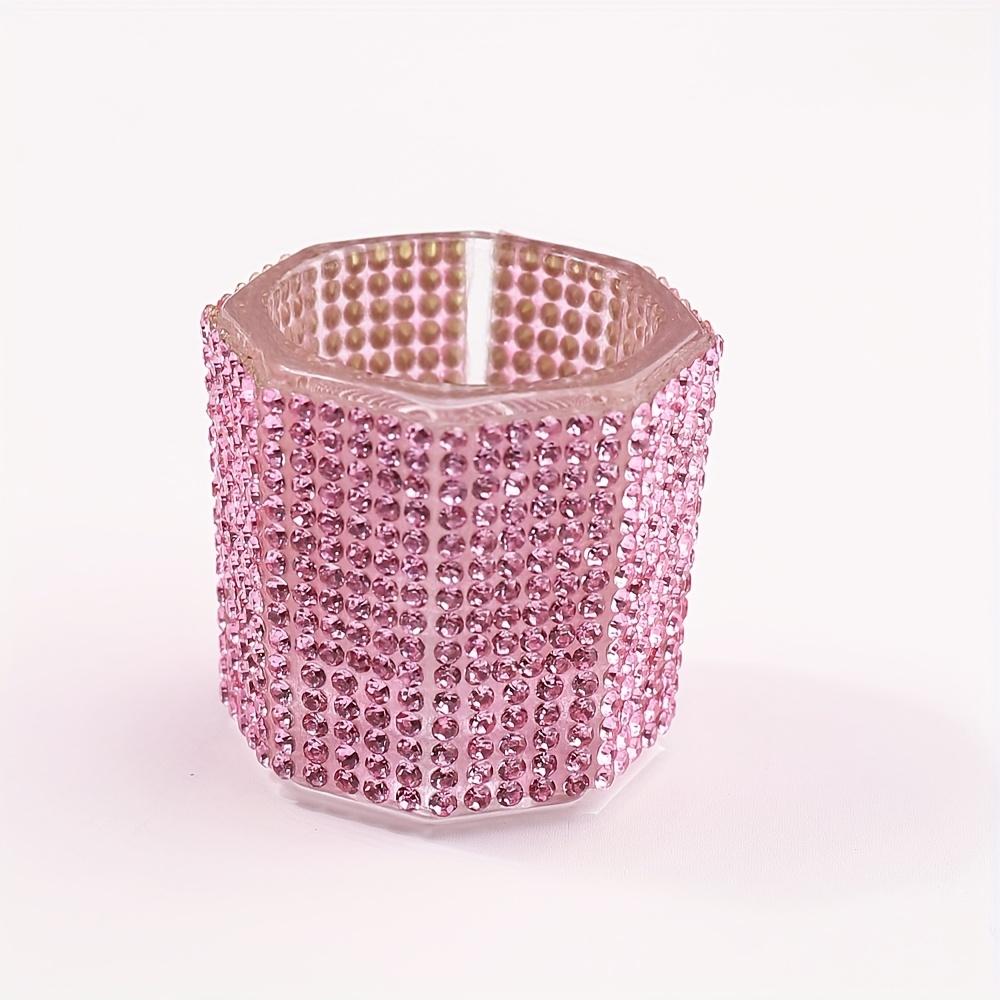 Mini Pink Crystal Glass Acrylic Octagonal Nail Cup for Liquid Nail Polish with Cleaning Brush and Luxury Rhinestones