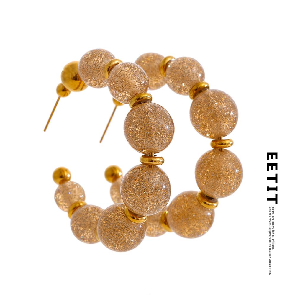 Eetit Resin Round Beads Chain C-Shape Huggie Earrings for Women Stainless Steel Handmade Fashion Trendy France Jewelry Wholesale