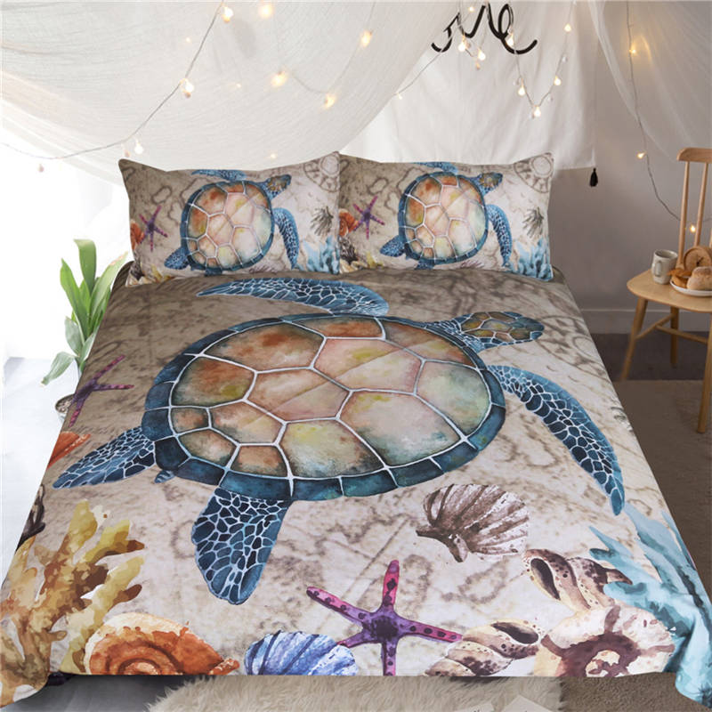 Sea Turtle Duvet Cover Set Pillow Cases Ocean Animal Turtle Bedding Set Queen King Kids Home Textiles Map Coral Soft Quilt Cover