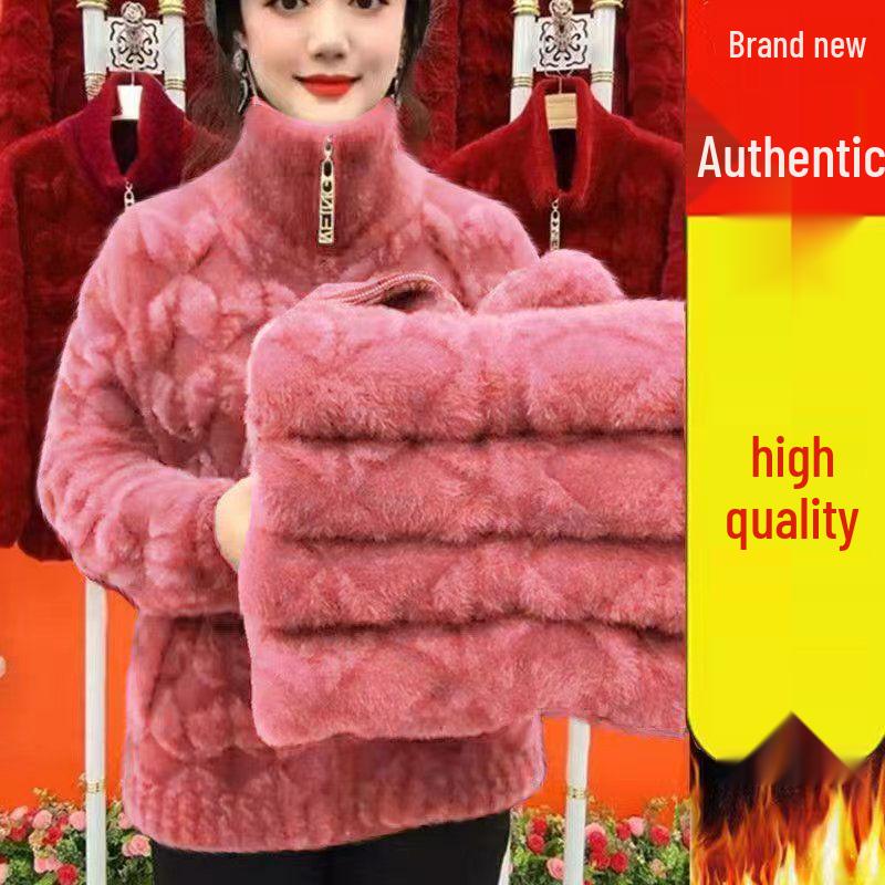 Plus Size Stylish Long-Sleeve Faux Mink Velvet Coat for Middle-Aged and Elderly Women