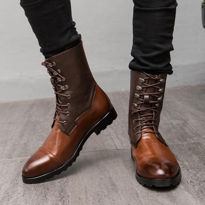 38-48 Denim Boots Men Brown Spliced High Cut Lace Up Business Fashionable High-quality Chelsea Boots Outdoor Training Boots