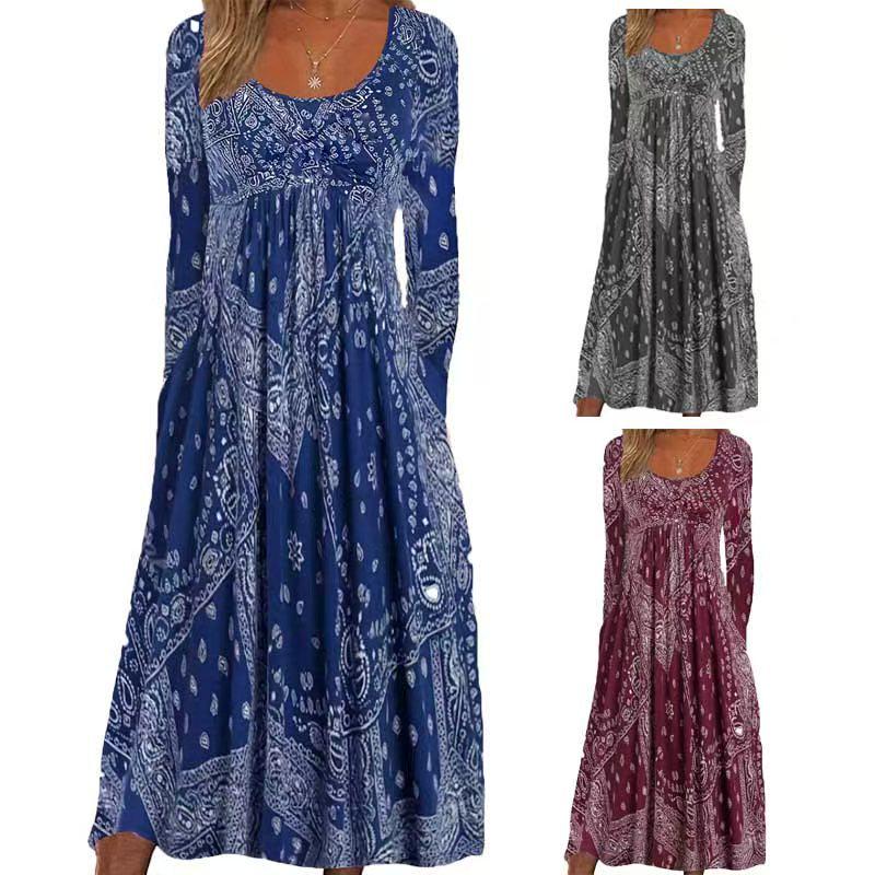 2025 Трансграничное европейско-американское осеннее цветочное платье макси с длинным рукавом