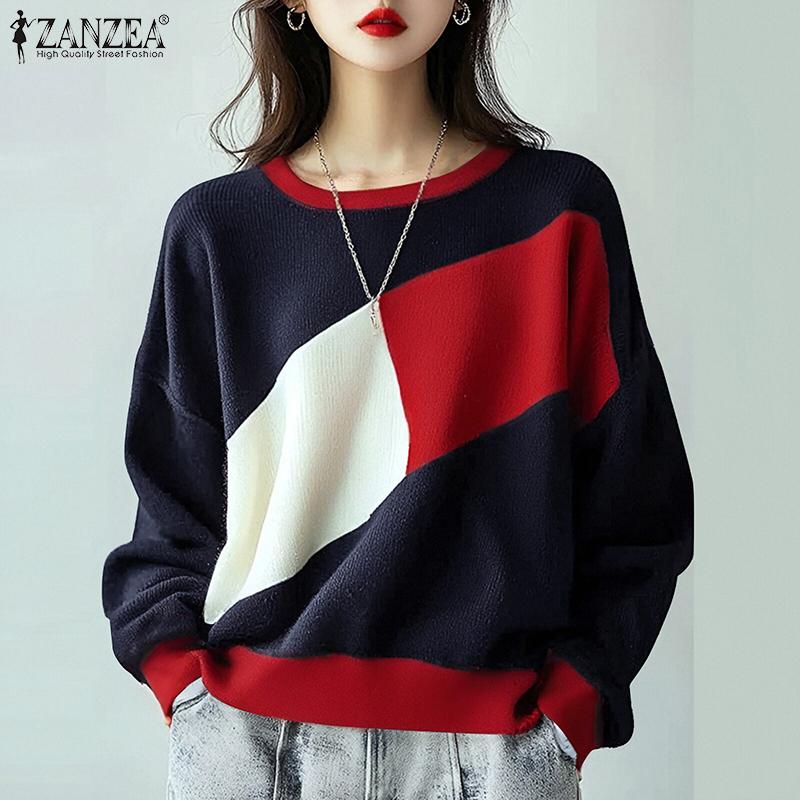 ZANZEA Женские повседневные футболки с круглым вырезом и длинным рукавом в стиле колор-блок