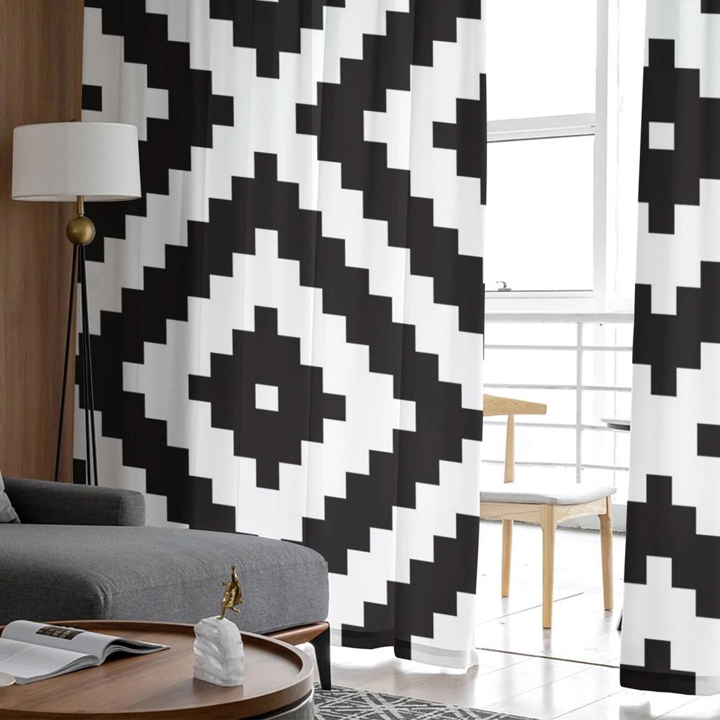 Черно-белые тюлевые шторы с неправильной геометрией для гостиной, спальни, декор, шифоновая прозрачная вуаль, кухонная оконная занавеска