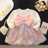 Платья для маленьких девочек, милые сетчатые с бантом и длинным рукавом, милые радужно-цветочные платья принцессы для младенцев, весна-осень
