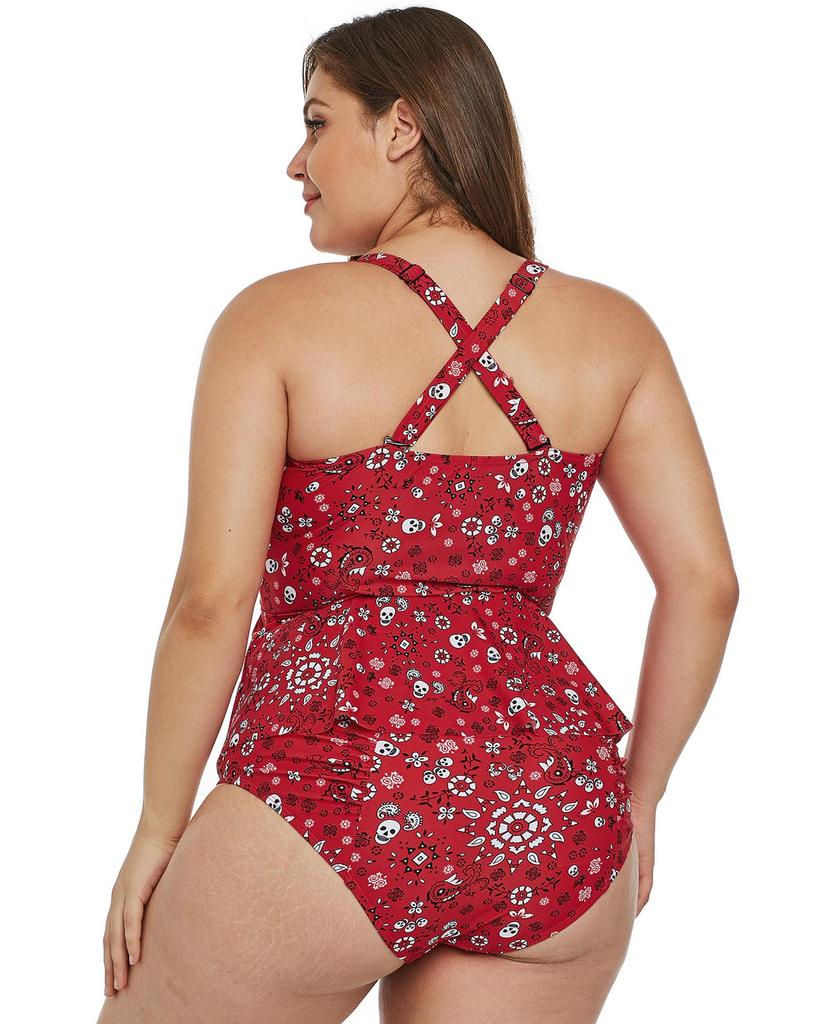 Azura Exchange Red Print Moulded Cups Peplum Plus Size Bikini