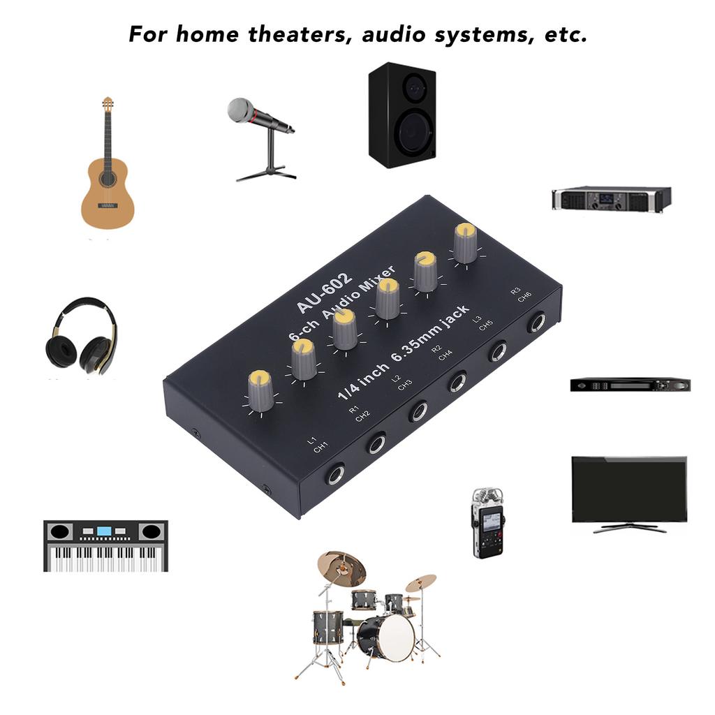 AU 602 6 Channel Stereo Mixer with 6.3mm Input 2 Output 5 Times Amplification 30 Hour Battery for Home Theater Sound System