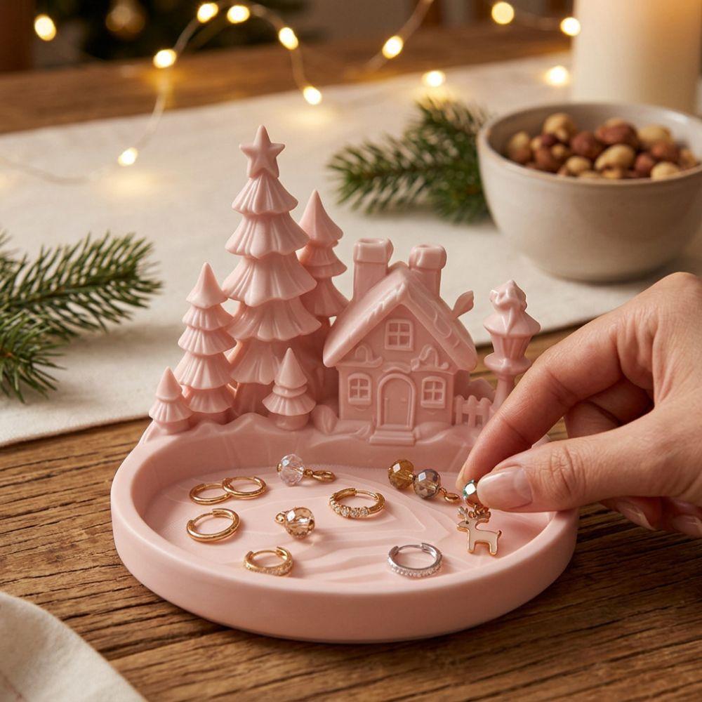 Cartoon Christmas Village Decor Tray 3D Printed Holiday Trinket Storage Tray Christmas Party