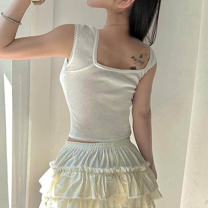 Корейские ретро-топы Y2K, кавайные футболки Fairycore с люверсами, кружевной отделкой, квадратным воротником, короткими рукавами, белые футболки