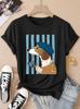 Women's Elegant Short Sleeve Literary Beret Hat Coffee Dog Striped Background Print Round Neck T Shirt 90s Graphic Tees Tops