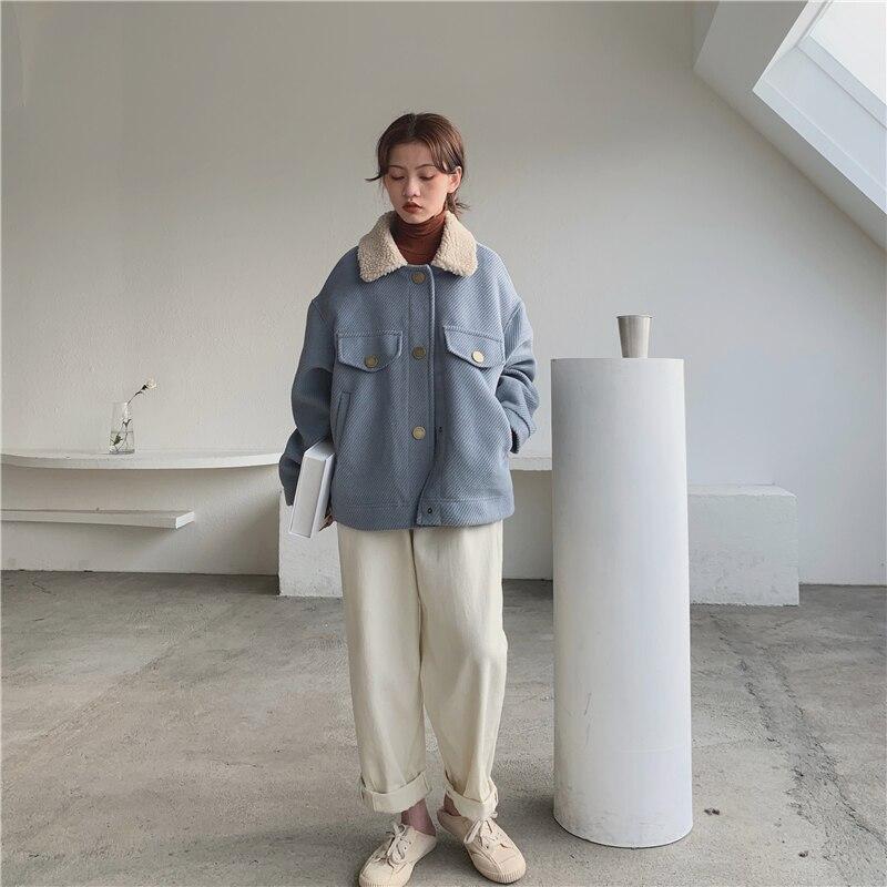 Turn-down Collar Women Jackets Autumn Winter Soft Warm Outerwear Oversize Wool Blends Pockets Short Coat