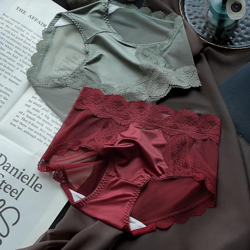 Атласное кружевное нижнее белье женское Ice Silk дышащее шелковое тутовое шелкопрядное сетка с промежностью средняя высокая талия треугольные трусики