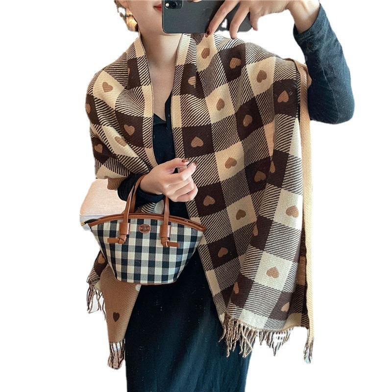 Winter Love Plaid Scarf Women's Versatile Imitation Cashmere Warm Fringed Shawl Thickened Scarf