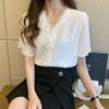 Кружевная блузка Шифоновые топы Расклешенный короткий рукав Корейский стиль Летний Стильный Аккуратный Тонкий Взрослый Милый Свободный крой Стройнящий Повседневный Офисная работа ОЛ Свидание [SYitong]