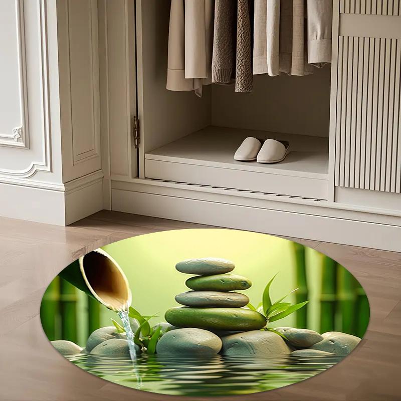 Zen Bamboo Stone Water Flow Round Rug Meditation Yoga Spa Flannel Calming Floor Mat Bathroom Bedroom Relaxation Wellness Decor