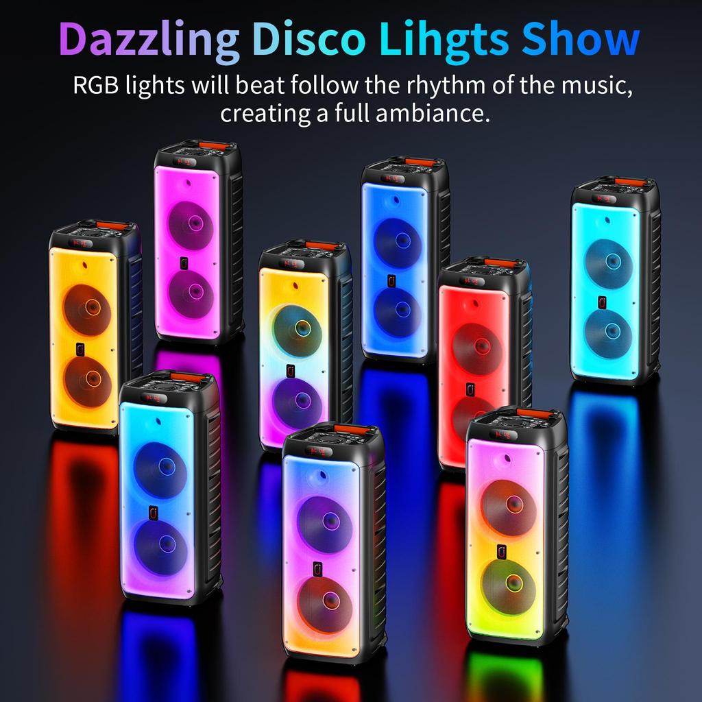 Большая Bluetooth-колонка T38, Беспроводная колонка на колесах и с ручкой, Караоке-машина с двумя микрофонами с TWS