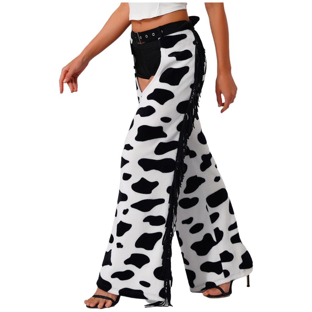 Womens Cow Spot Pattern Flannel Long Pants - with Side Tassel, Adjustable Waist, Open Crotch for Biking Riding Cowgirl Chaps Halloween Cosplay