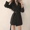 Women Suit Coat Lapel Long Sleeve Belt Suit Jacket with Side Pockets Solid Color Loose Fit Office Lady Outwear