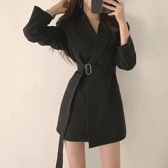 Women Suit Coat Lapel Long Sleeve Belt Suit Jacket with Side Pockets Solid Color Loose Fit Office Lady Outwear