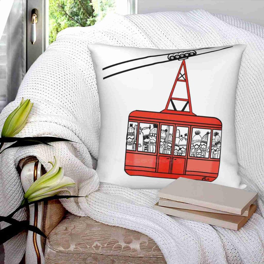 Cartoon Ski Gondola Home Sofa Car Waist Throw Pillowcase Skiing Gondola Lift Mountains Skiers Red
