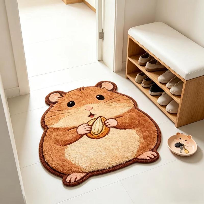 Irregular Hamster Shaped Rug Cute Chubby Hamster Holding Sunseed Fluffy Plush Non Slip Bedroom Bedside Floor Mat