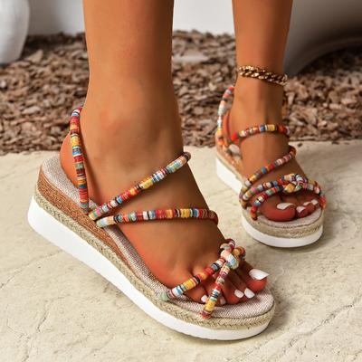 Модные женские тапочки с круглым носком на платформе Sandalias De Mujer Verano на танкетке в этническом стиле Zapatos Para Colorful
