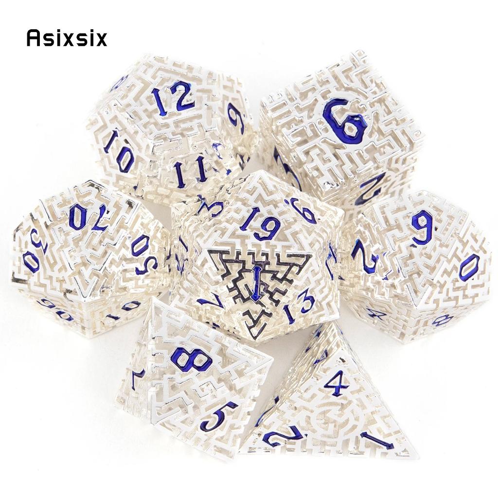 7 Pcs White Blue Metal Dice Maze Hollow Metal Polyhedral Dice Set Suitable for Role-Playing RPG Board Game Card Game