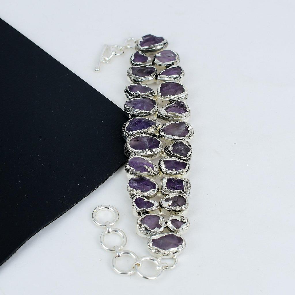 Натуральный необработанный аметист драгоценный камень ручной работы из стерлингового серебра 925 пробы, браслет с гальванопластикой, необработанный аметистовый браслет для жены, браслет унисекс, подарок для любви