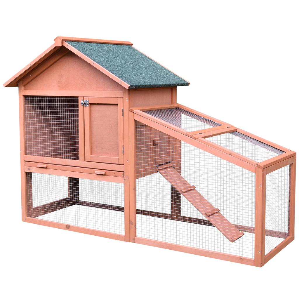 2 Tier Rabbit Hutch Outdoor Guinea Pig Hutch Solid Wood Bunny House Water Resistant Asphalt Roof Ramp Sliding Tray 144 X 64.5 X 100cm