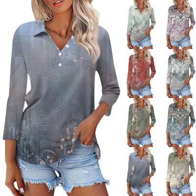 Женский модный повседневный топ на пуговицах с длинным рукавом и цветочным принтом, v-образным вырезом и пуговицами