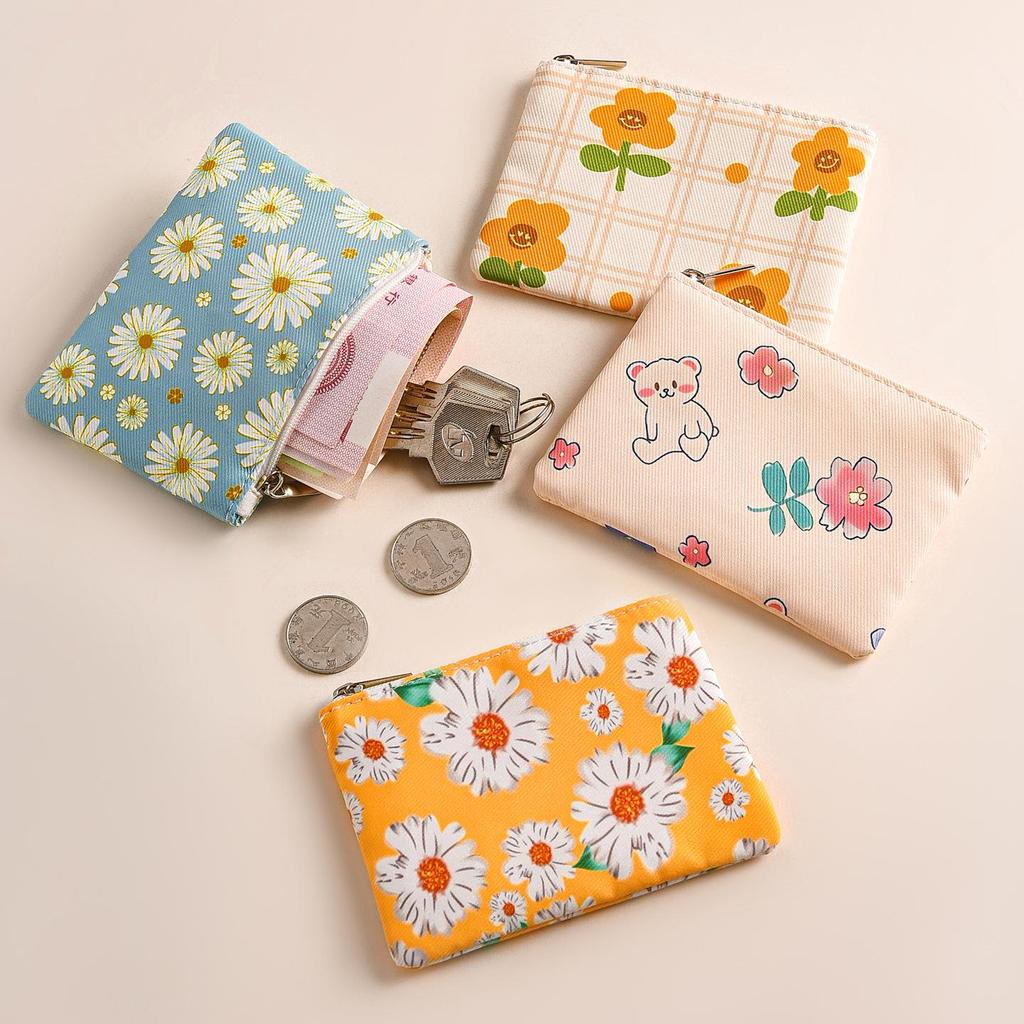 Compact Floral Canvas Wallet - Zipper Coin Purse & Card Holder