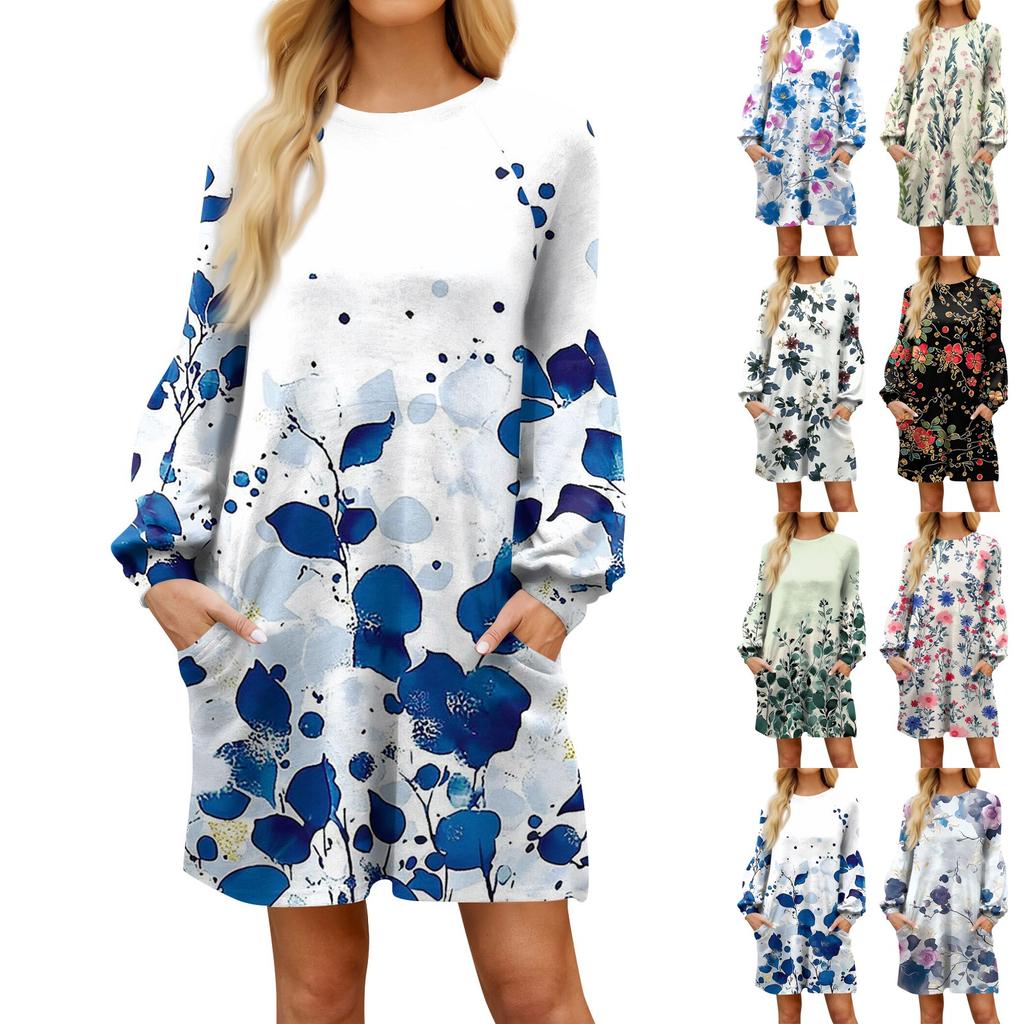 Модное женское платье трапециевидной формы с длинным рукавом. Осенний повседневный пуловер с круглым вырезом. Свободное платье с карманами.