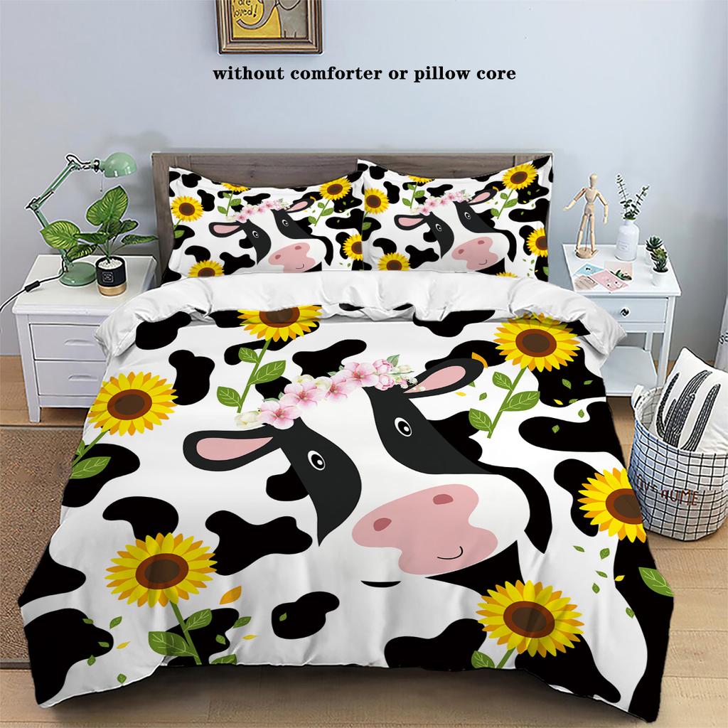 Комплект из 3 предметов пуховый пододеяльник с принтом коровьего и цветочного узора в деревенском фермерском стиле (1 пододеяльник+2 наволочки, без наполнителя) комплект постельного белья