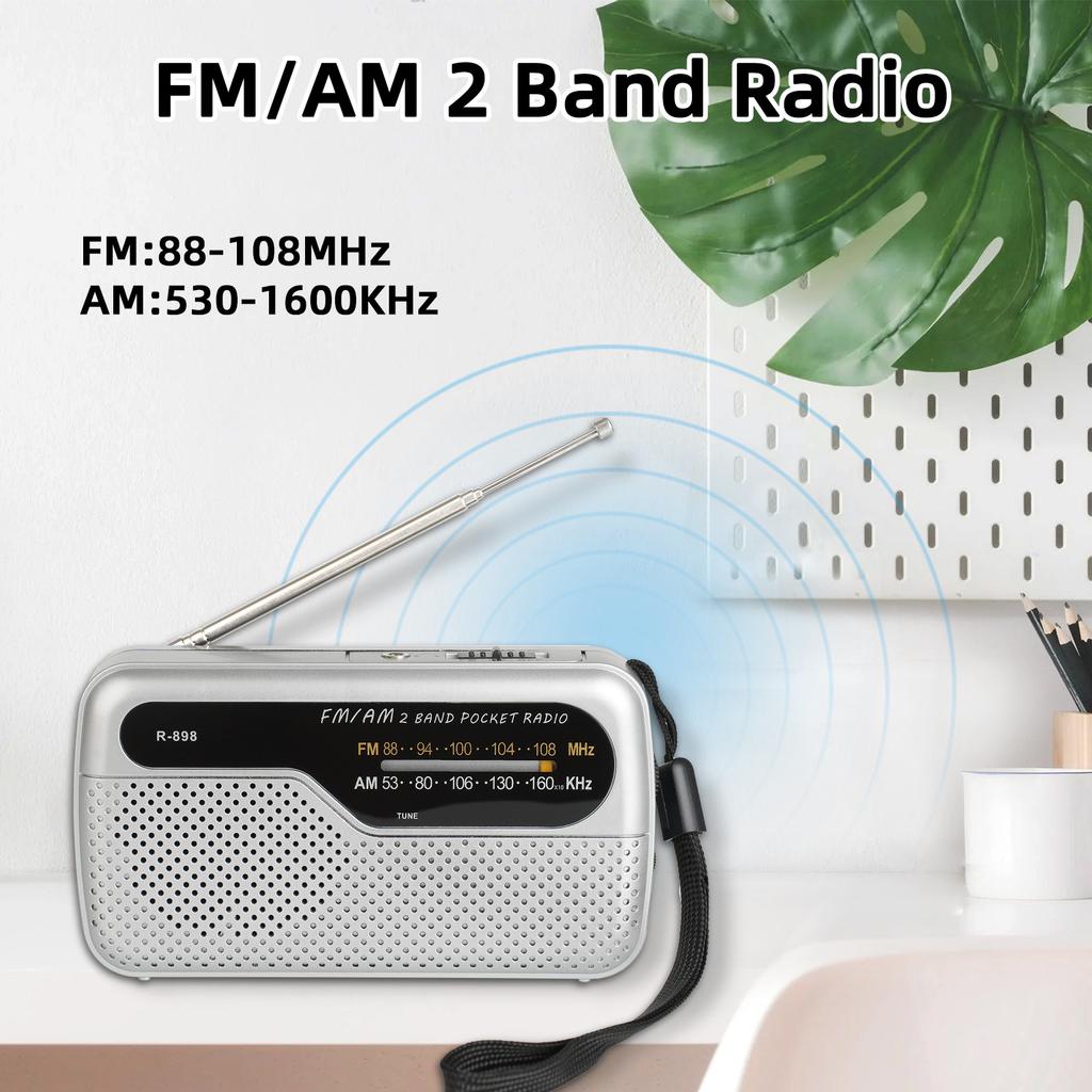 Mini Portable FM AM Radio Battery Powered High Sensitivity Radios Built-in Speaker with Rotatable Antenna 3.5mm Headphones Jack