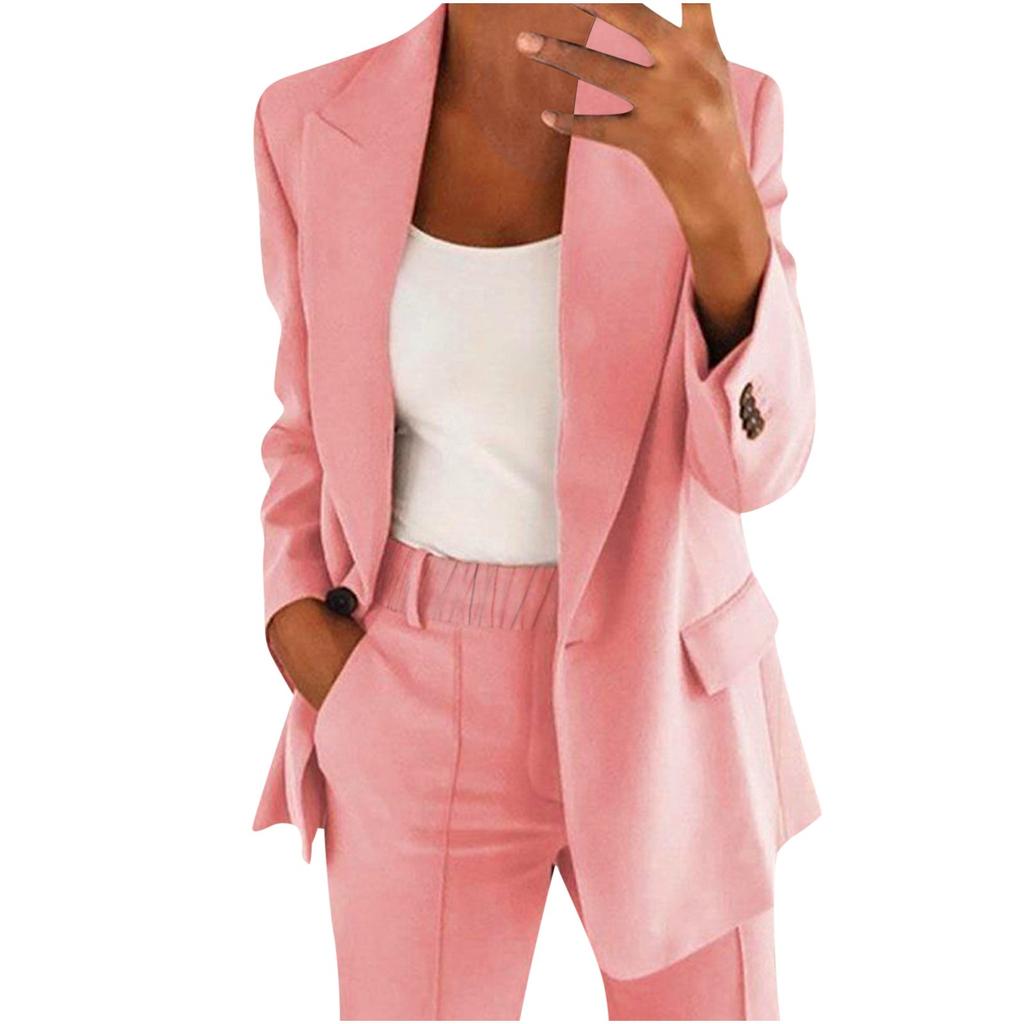 Women's Casual Long Sleeve Solid Color Lapel Cardigan Suit Jacket Pants Suit