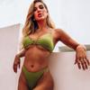Women Triangle Oversize Split Bikini Set Suit Tie Side G-String Thong Swimsuit Suspenders Green Solid Color