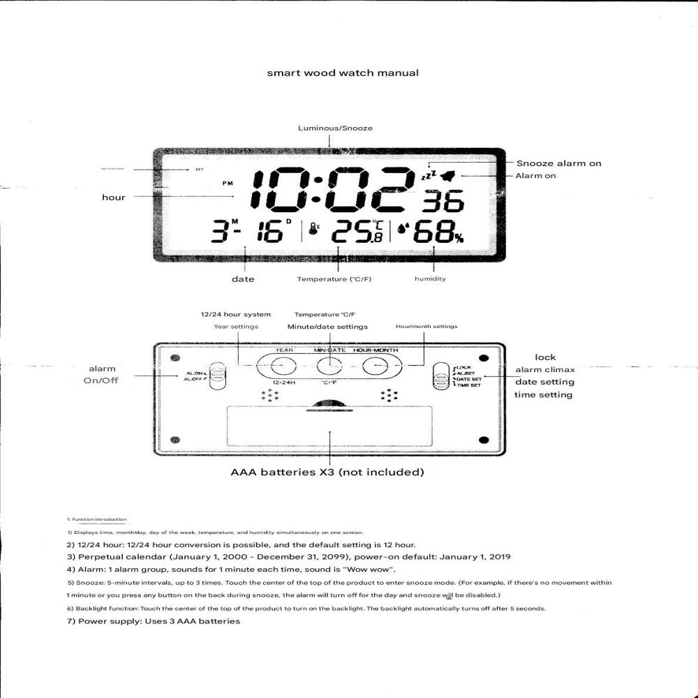 Realwood(Usbee) LCD Temperature and Humidity Alarm Clock