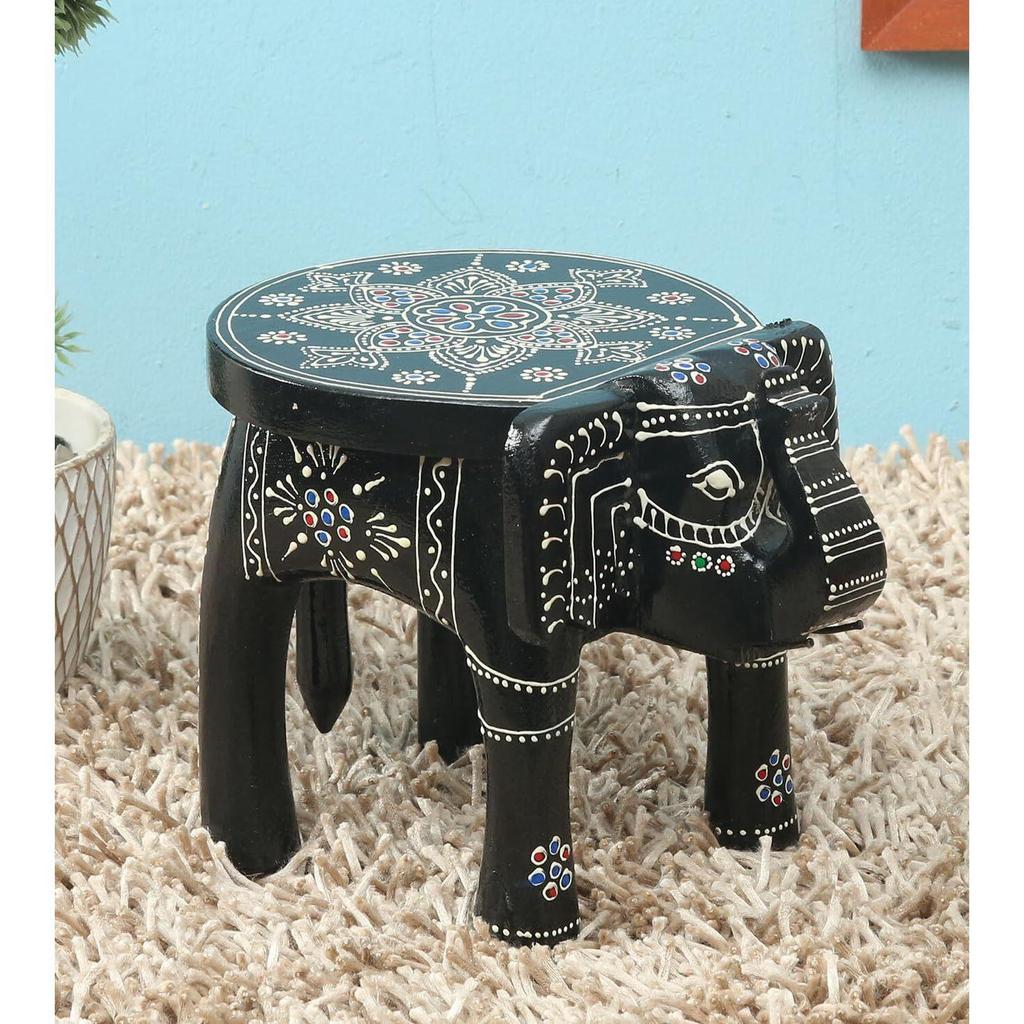Wooden Painting Decorative Rajastani Painted Elephant Stool Home Decorative Items Showpiece(8 Inch) (Black)