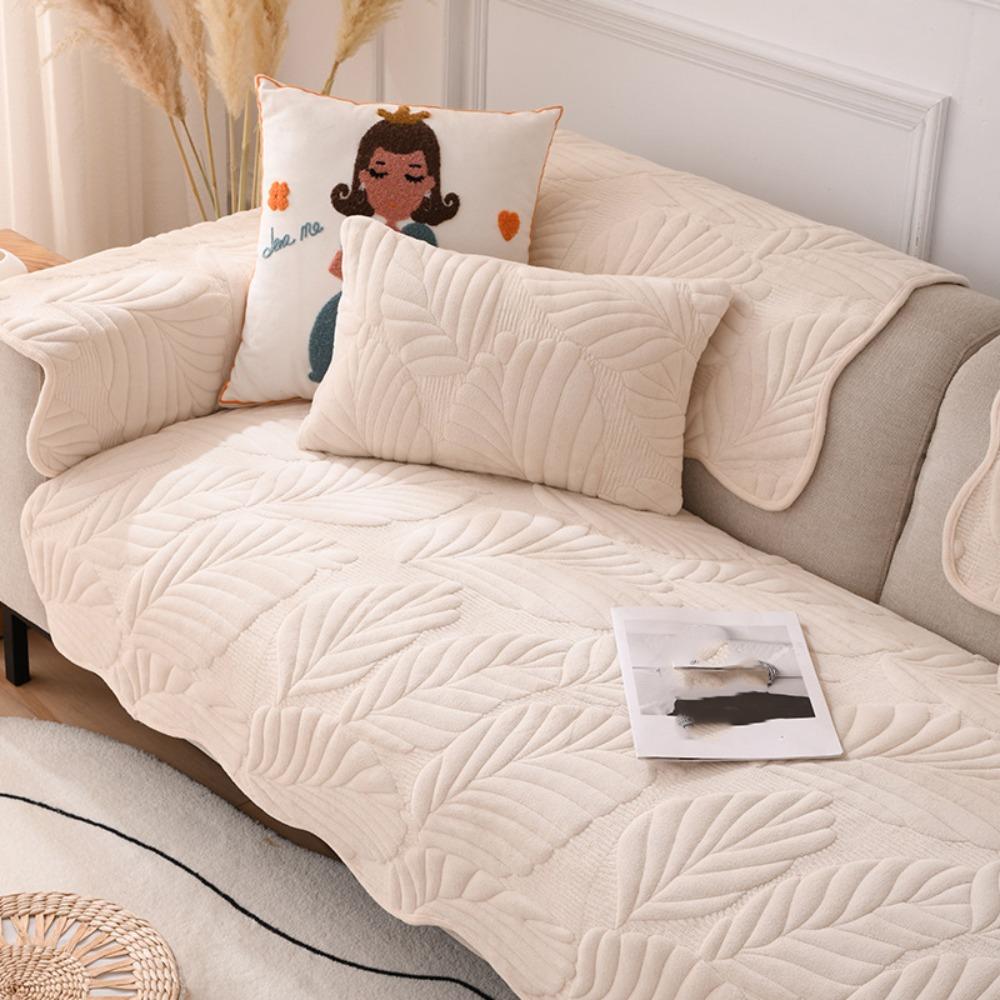 Practical Milk Velvet Leaf Pattern Sofa Cover Nordic Style Non-slip Couch Cover Washable Warm Sofa Mat Winter