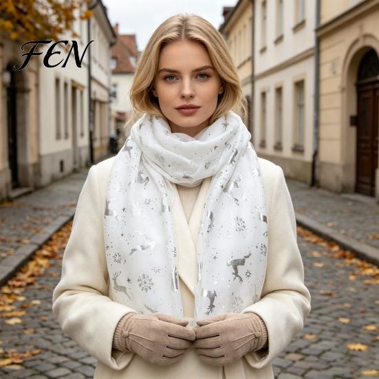 Winter Christmas Scarf Theme for Women, Glitter Sparkly Foil Reindeer Cold Proof Accessory Print Scarves, Lightweight Soft Shawl Wrap Fall Daily