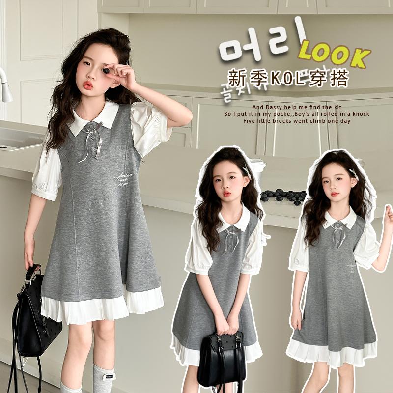 Girl's super beautiful dress, college style shirt dress, 2026 new summer short sleeved Korean version, big children's trend