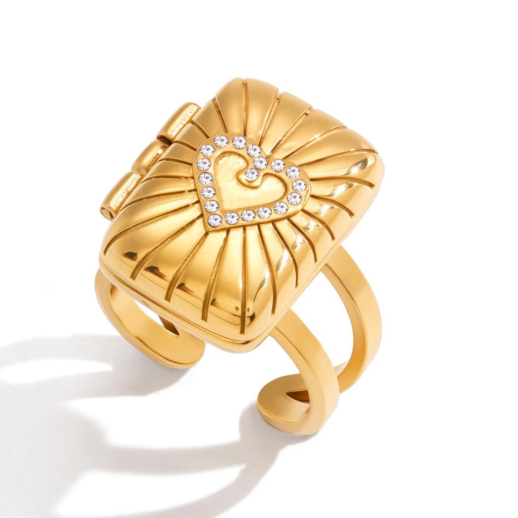 Uworld Classic Rhinestone Love Tarot Card Photo Box Open Ring For Women Delicate 18K Gold Plated Stainless Steel Party Jewelry